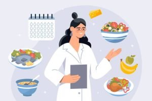Nutritionist makes meal plan. Woman analyzes products and selects necessary for healthy lifestyle. Correct habits and assessment of energy value of food and dishes. Cartoon flat vector illustration